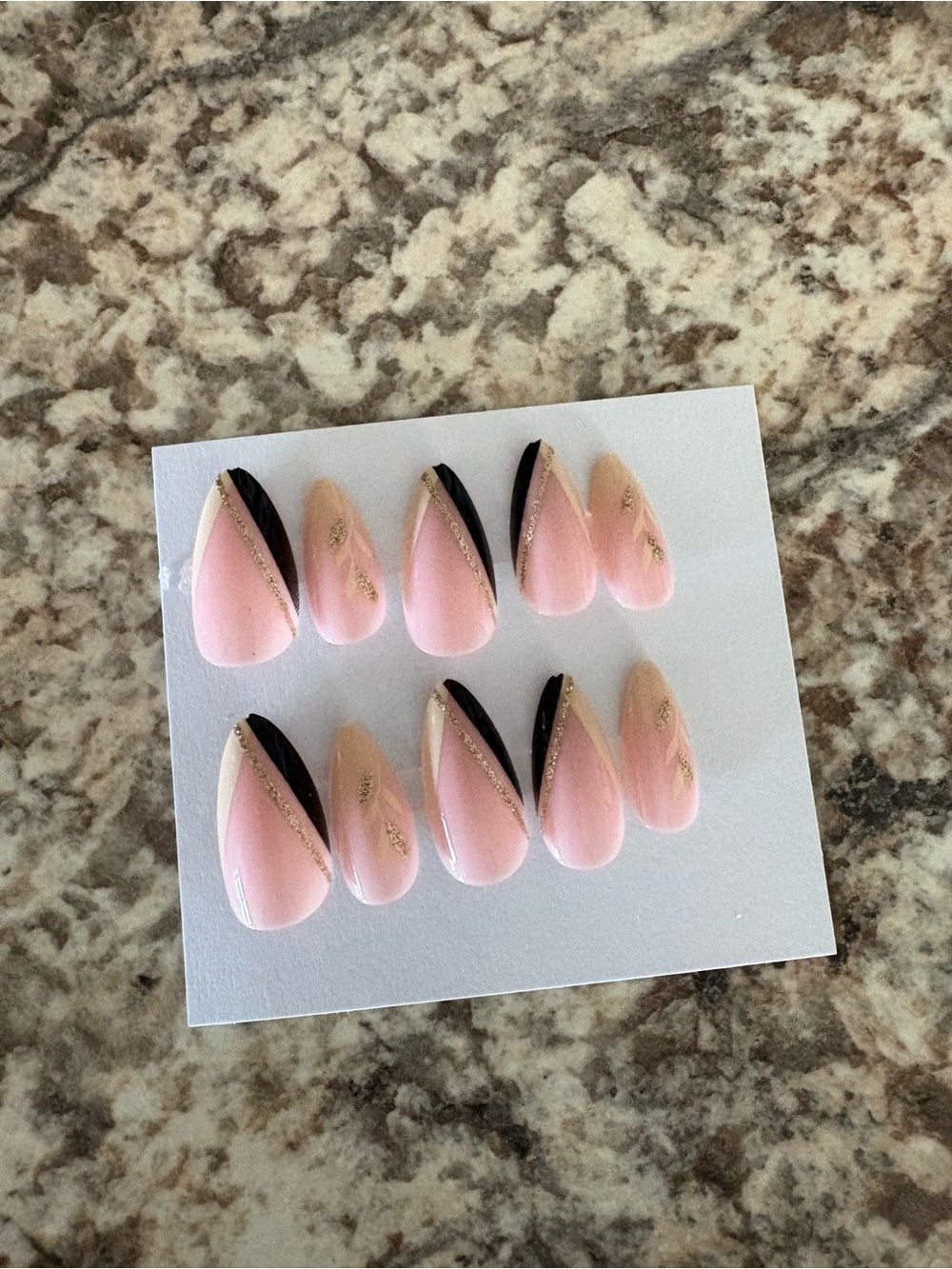 Pink and Black Almond Press-On Nails with Gold Accent